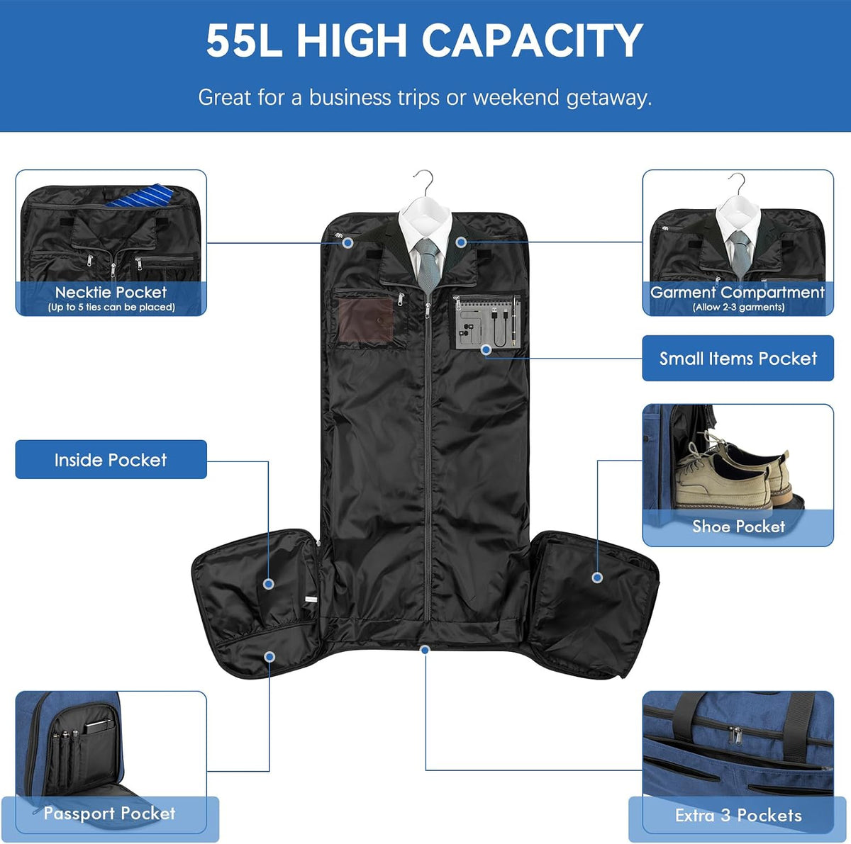 Garment Bags for Travel, Convertible Carry on Duffel Bag for Men Women, Backpack Straps, Shoe Compartment, 3 in 1 Hanging Dress Suit Bags for Men Women