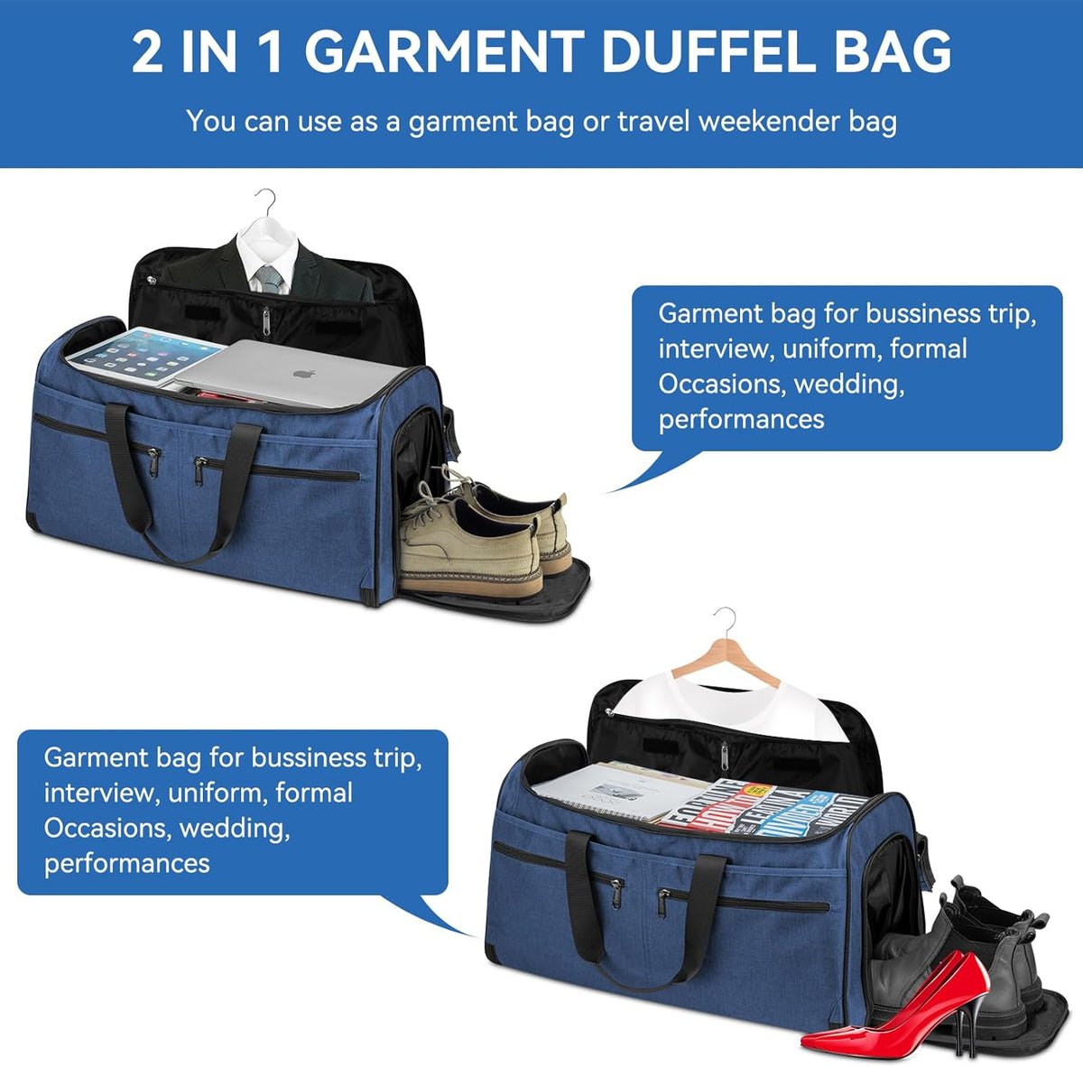 Garment Bags for Travel, Convertible Carry on Duffel Bag for Men Women, Backpack Straps, Shoe Compartment, 3 in 1 Hanging Dress Suit Bags for Men Women