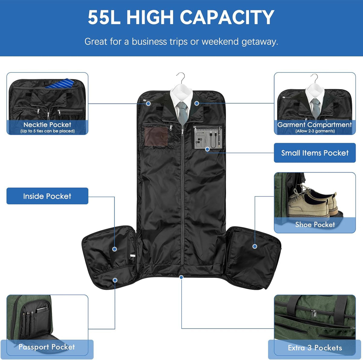Garment Bags for Travel, Convertible Carry on Duffel Bag for Men Women, Backpack Straps, Shoe Compartment, 3 in 1 Hanging Dress Suit Bags for Men Women