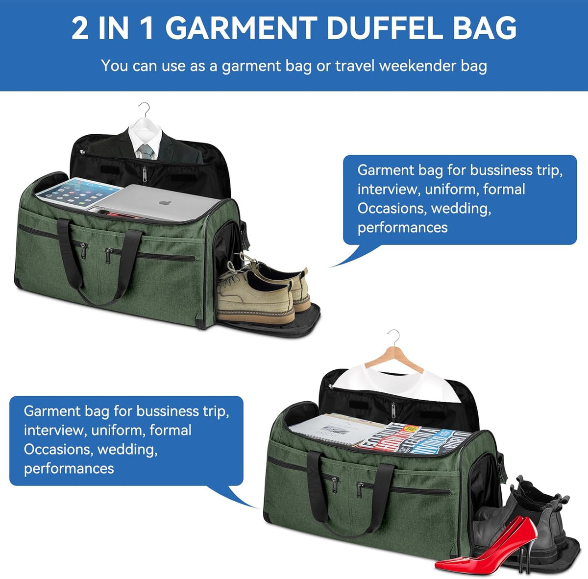 Garment Bags for Travel, Convertible Carry on Duffel Bag for Men Women, Backpack Straps, Shoe Compartment, 3 in 1 Hanging Dress Suit Bags for Men Women