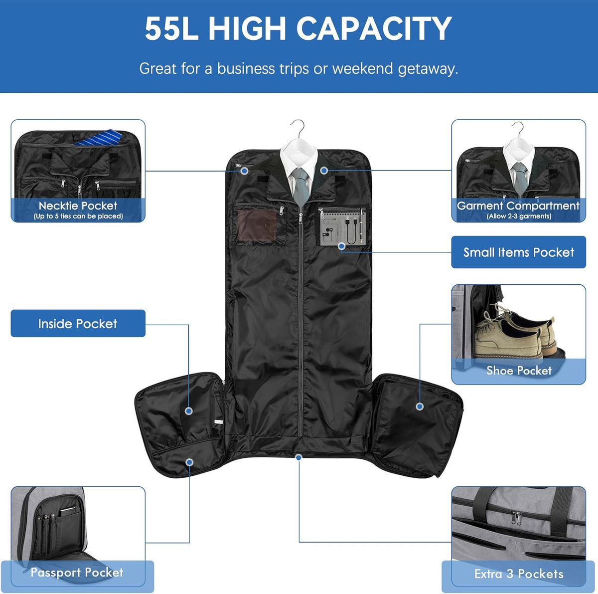 Garment Bags for Travel, Convertible Carry on Duffel Bag for Men Women, Backpack Straps, Shoe Compartment, 3 in 1 Hanging Dress Suit Bags for Men Women