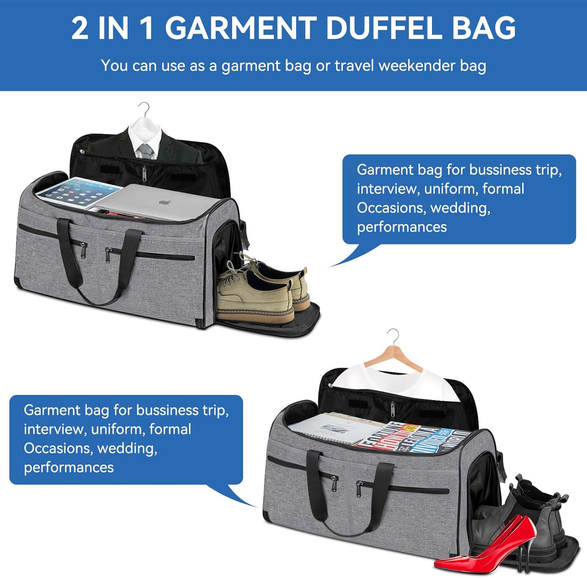 Garment Bags for Travel, Convertible Carry on Duffel Bag for Men Women, Backpack Straps, Shoe Compartment, 3 in 1 Hanging Dress Suit Bags for Men Women