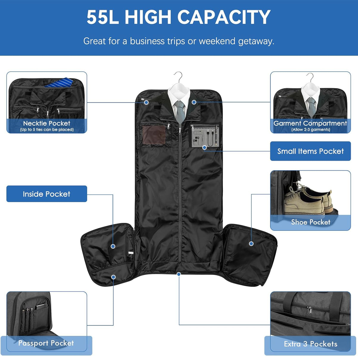 Garment Bags for Travel, Convertible Carry on Duffel Bag for Men Women, Backpack Straps, Shoe Compartment, 3 in 1 Hanging Dress Suit Bags for Men Women