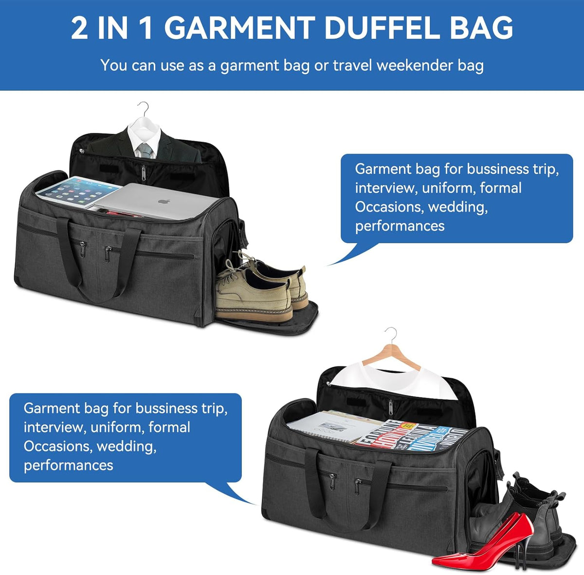 Garment Bags for Travel, Convertible Carry on Duffel Bag for Men Women, Backpack Straps, Shoe Compartment, 3 in 1 Hanging Dress Suit Bags for Men Women