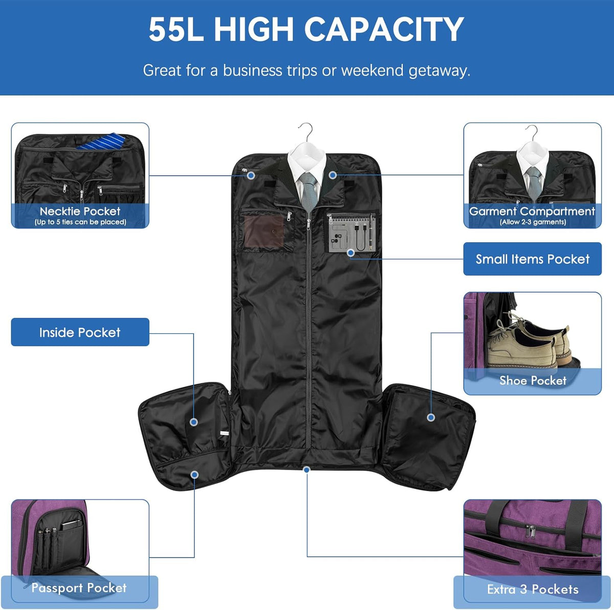 Garment Bags for Travel, Convertible Carry on Duffel Bag for Men Women, Backpack Straps, Shoe Compartment, 3 in 1 Hanging Dress Suit Bags for Men Women