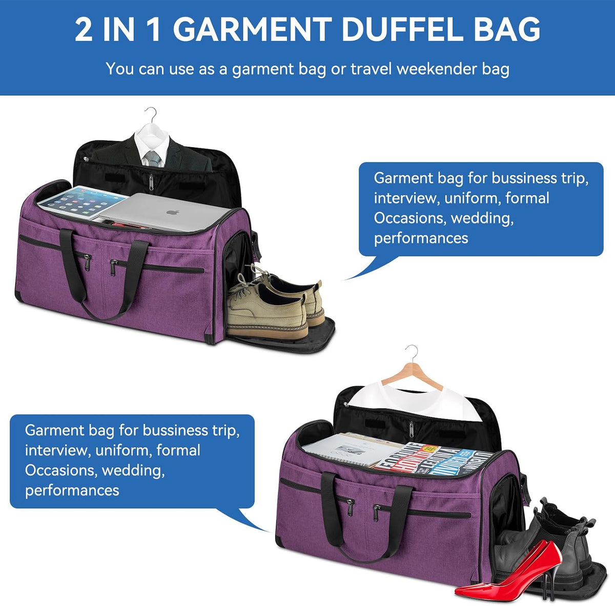 Garment Bags for Travel, Convertible Carry on Duffel Bag for Men Women, Backpack Straps, Shoe Compartment, 3 in 1 Hanging Dress Suit Bags for Men Women