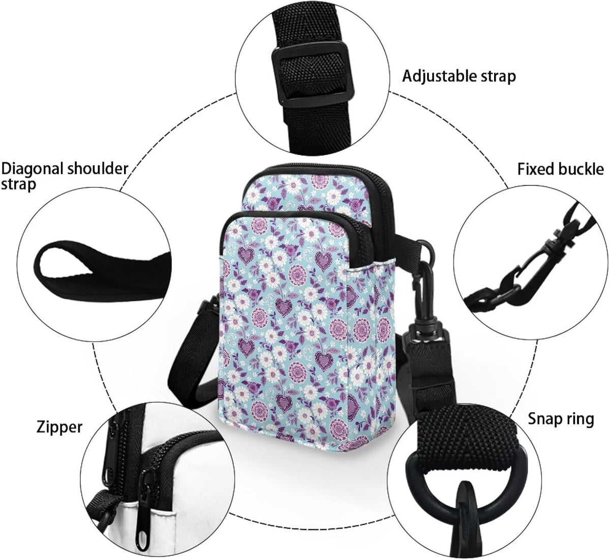 Ditsy Flower Small Crossbody Bag for Women Sea Turtle Cell Phone Purse Travel Shoulder Wallet with Adjustable Strap