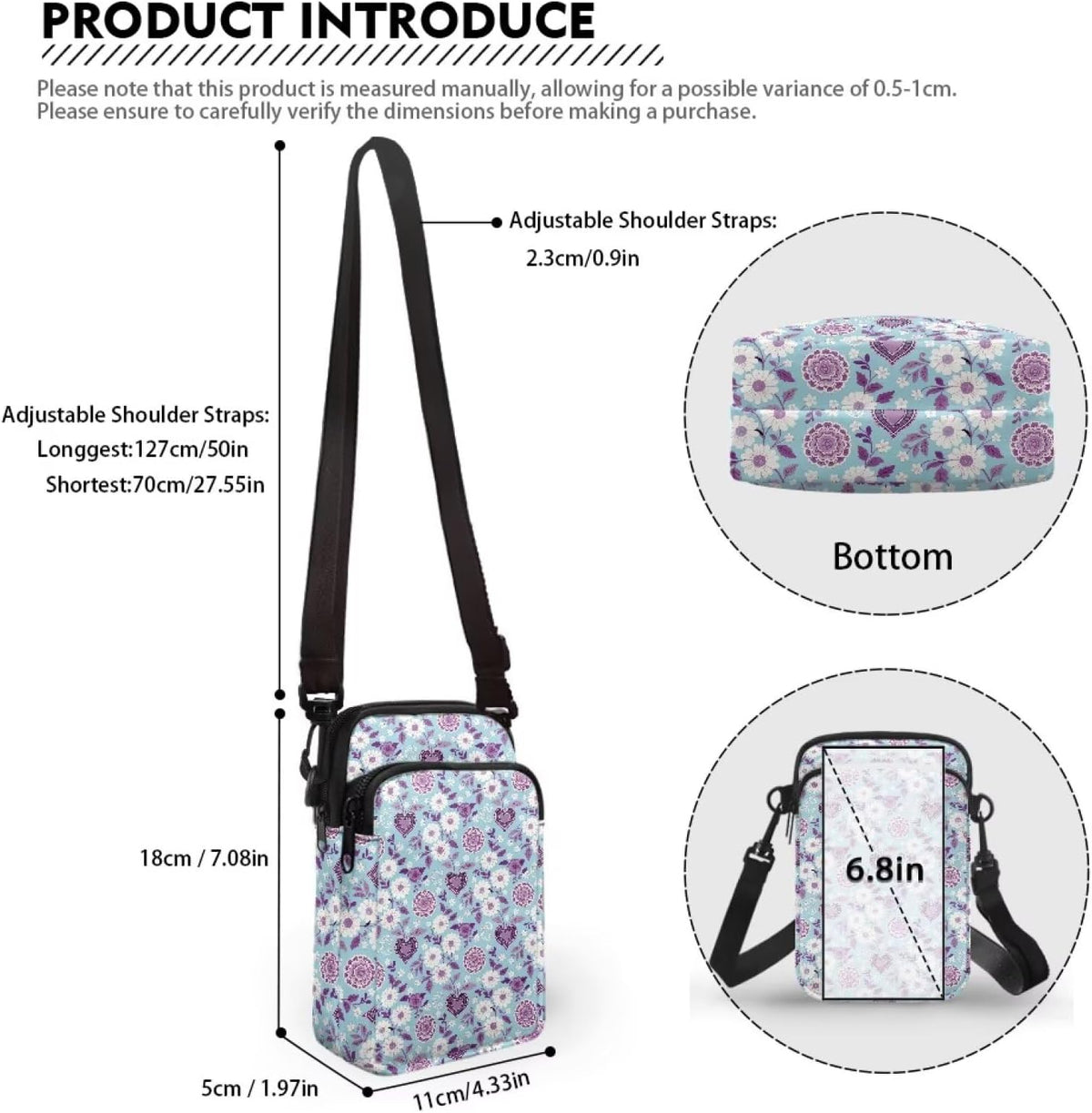 Ditsy Flower Small Crossbody Bag for Women Sea Turtle Cell Phone Purse Travel Shoulder Wallet with Adjustable Strap