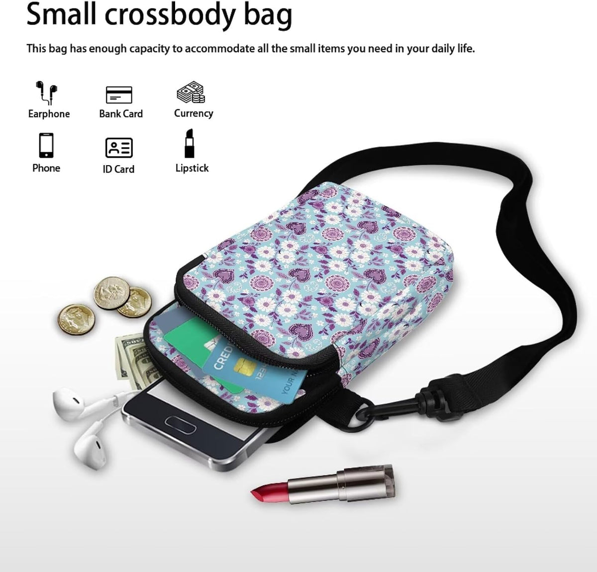 Ditsy Flower Small Crossbody Bag for Women Sea Turtle Cell Phone Purse Travel Shoulder Wallet with Adjustable Strap