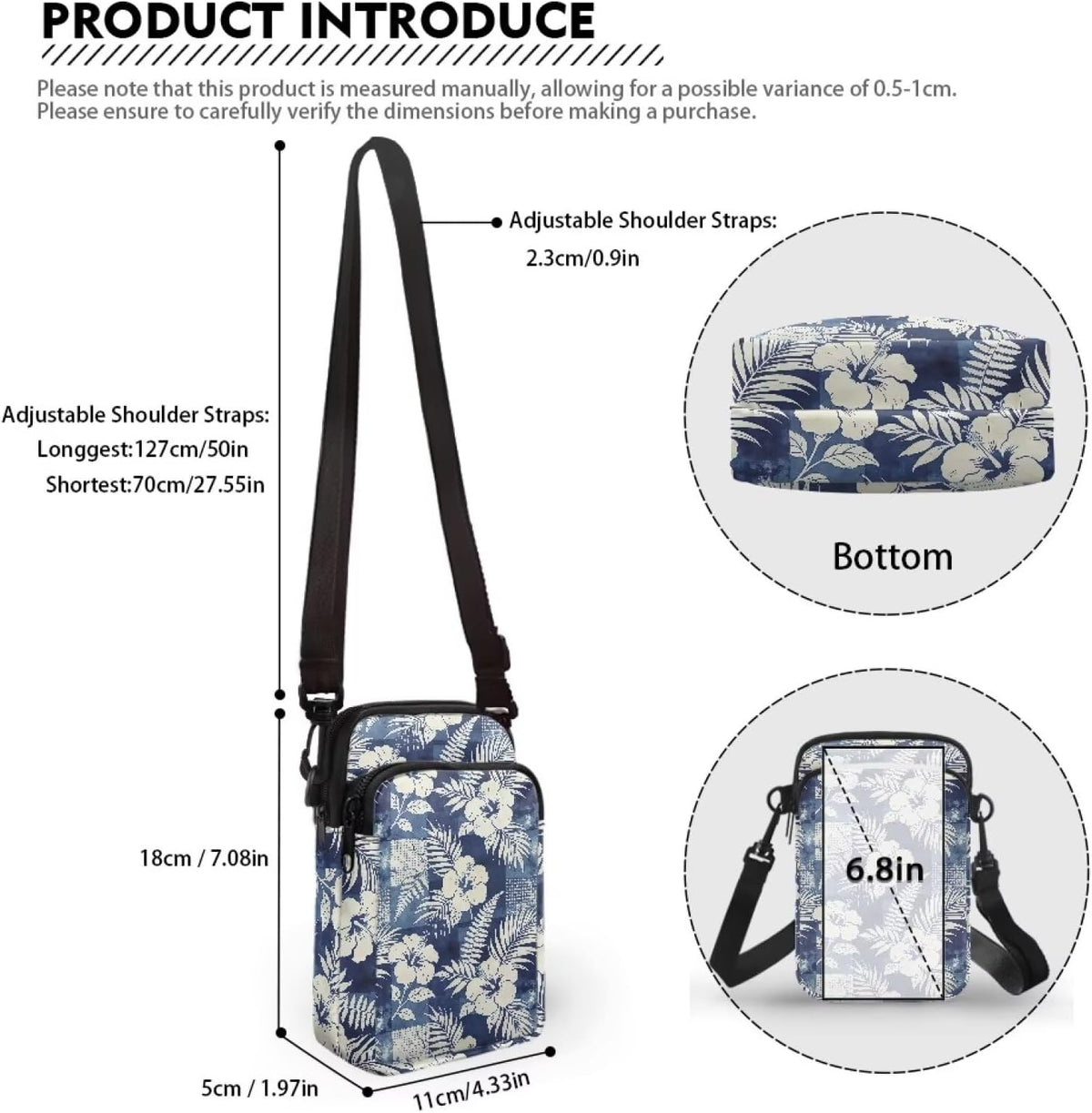 Ditsy Flower Small Crossbody Bag for Women Sea Turtle Cell Phone Purse Travel Shoulder Wallet with Adjustable Strap