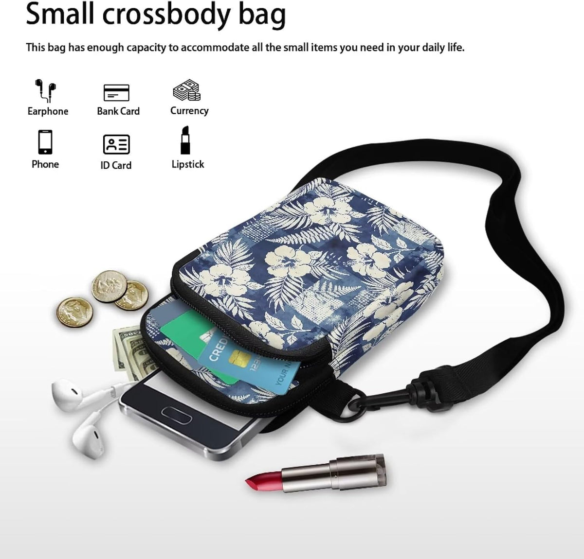 Ditsy Flower Small Crossbody Bag for Women Sea Turtle Cell Phone Purse Travel Shoulder Wallet with Adjustable Strap