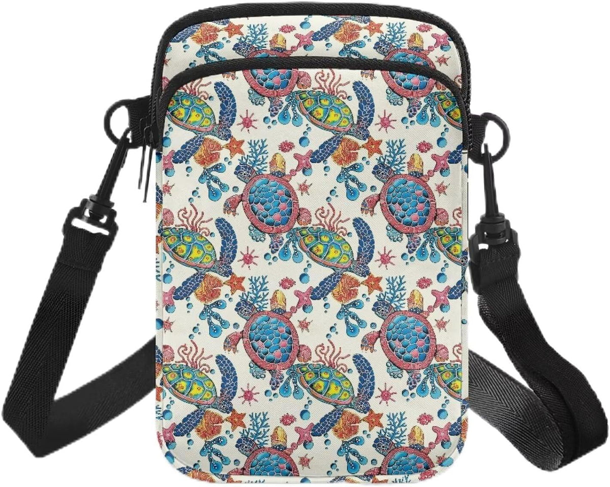 Ditsy Flower Small Crossbody Bag for Women Sea Turtle Cell Phone Purse Travel Shoulder Wallet with Adjustable Strap