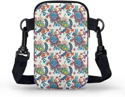 Ditsy Flower Small Crossbody Bag for Women Sea Turtle Cell Phone Purse Travel Shoulder Wallet with Adjustable Strap