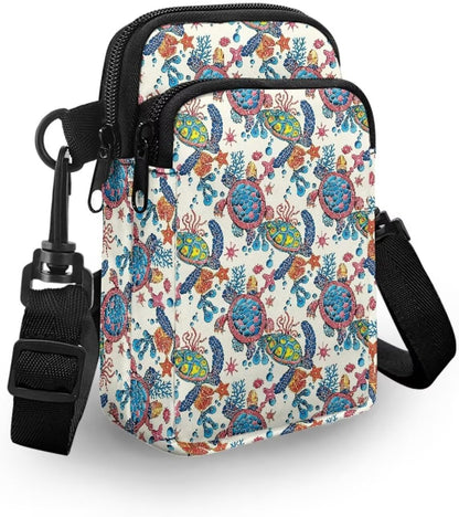 Ditsy Flower Small Crossbody Bag for Women Sea Turtle Cell Phone Purse Travel Shoulder Wallet with Adjustable Strap