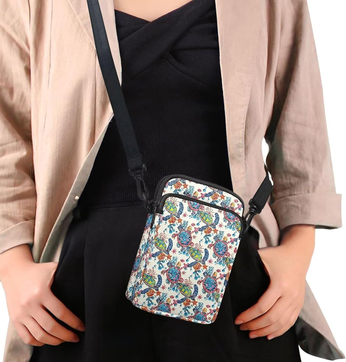 Ditsy Flower Small Crossbody Bag for Women Sea Turtle Cell Phone Purse Travel Shoulder Wallet with Adjustable Strap