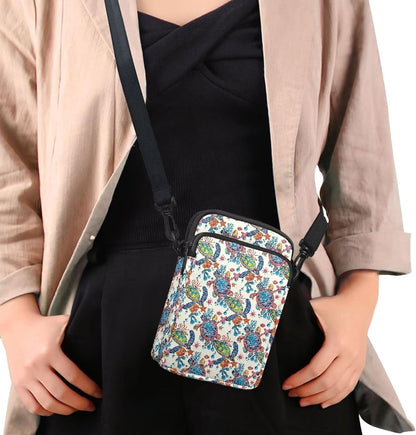 Ditsy Flower Small Crossbody Bag for Women Sea Turtle Cell Phone Purse Travel Shoulder Wallet with Adjustable Strap