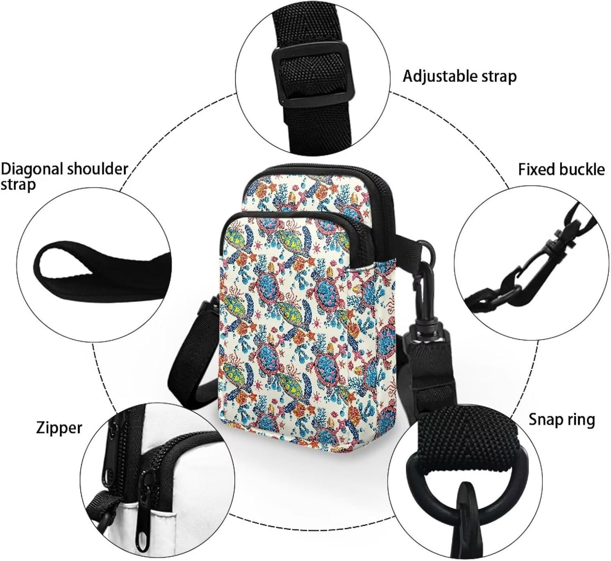 Ditsy Flower Small Crossbody Bag for Women Sea Turtle Cell Phone Purse Travel Shoulder Wallet with Adjustable Strap