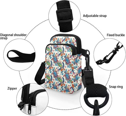 Ditsy Flower Small Crossbody Bag for Women Sea Turtle Cell Phone Purse Travel Shoulder Wallet with Adjustable Strap