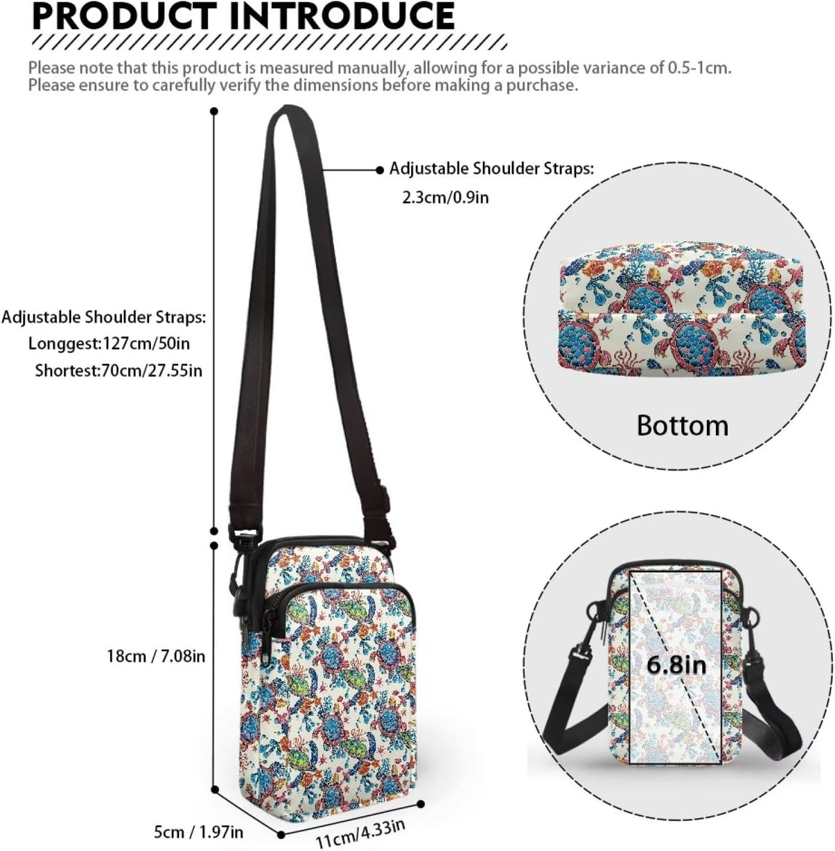Ditsy Flower Small Crossbody Bag for Women Sea Turtle Cell Phone Purse Travel Shoulder Wallet with Adjustable Strap