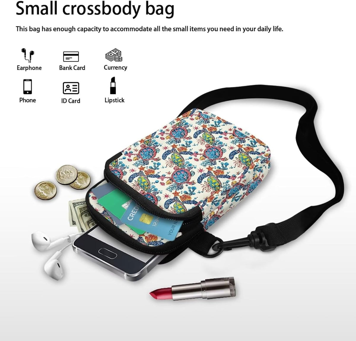Ditsy Flower Small Crossbody Bag for Women Sea Turtle Cell Phone Purse Travel Shoulder Wallet with Adjustable Strap