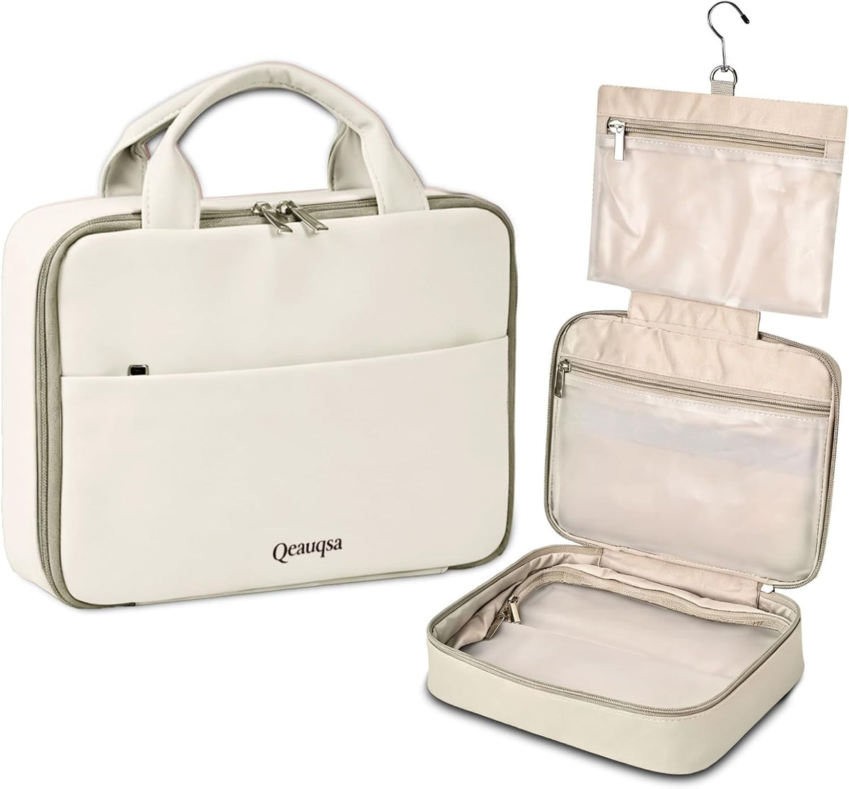 Makeup Bag Organizer, Large Hanging Toiletry Bag for Women with Leakproof Compartments, Travel Cosmetic Case for Full Sized Toiletries & Brushes Travel Cosmetic Bag Cruise Essentials White