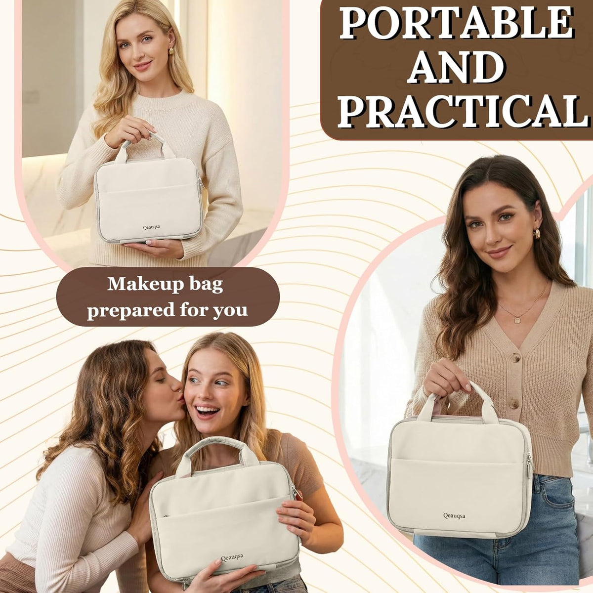 Makeup Bag Organizer, Large Hanging Toiletry Bag for Women with Leakproof Compartments, Travel Cosmetic Case for Full Sized Toiletries & Brushes Travel Cosmetic Bag Cruise Essentials White