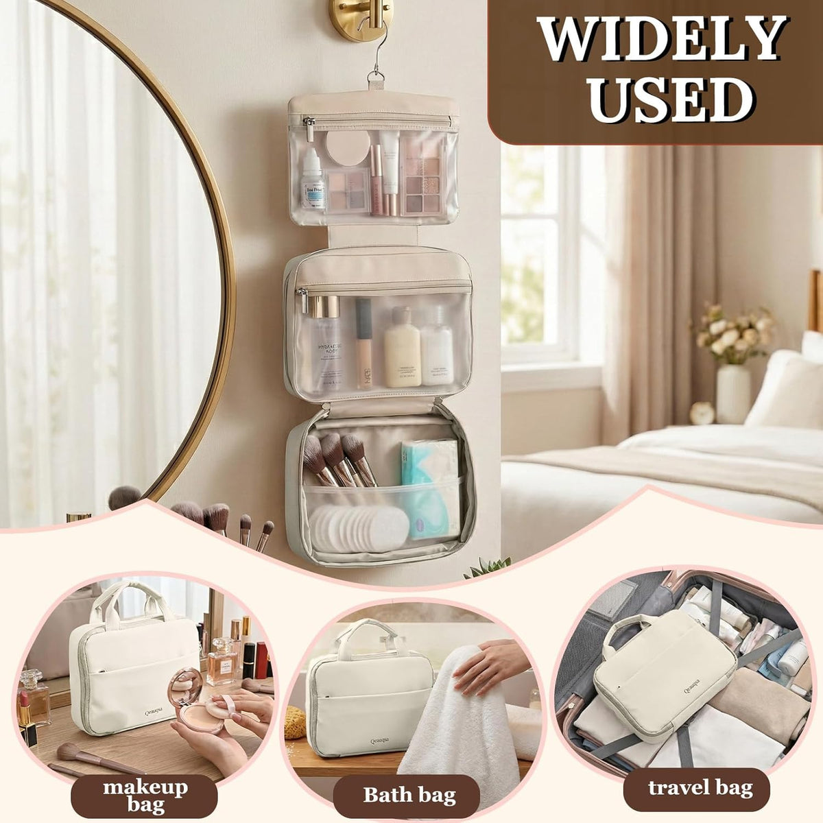 Makeup Bag Organizer, Large Hanging Toiletry Bag for Women with Leakproof Compartments, Travel Cosmetic Case for Full Sized Toiletries & Brushes Travel Cosmetic Bag Cruise Essentials White