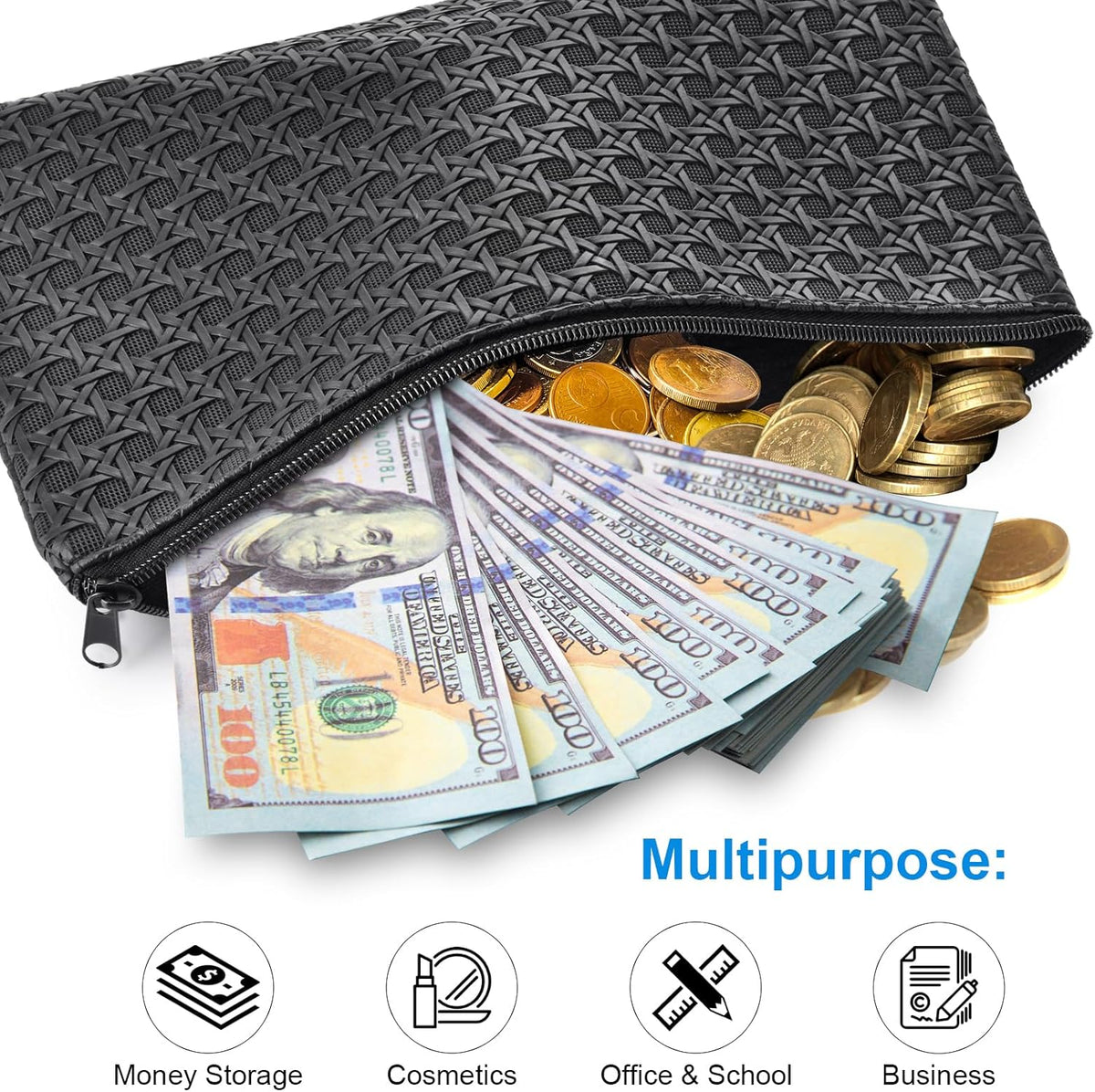 2pack Money Bag, Cash Zipper Pouch, Bank Bags, Cash Wallet, Cosmetic Receipts Coins Small Tools Organizing Storage Bag