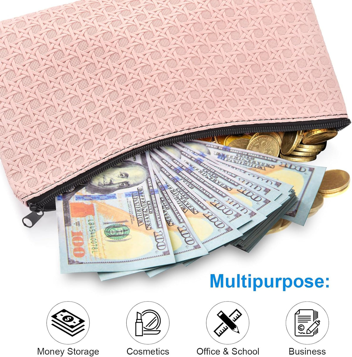 2pack Money Bag, Cash Zipper Pouch, Bank Bags, Cash Wallet, Cosmetic Receipts Coins Small Tools Organizing Storage Bag