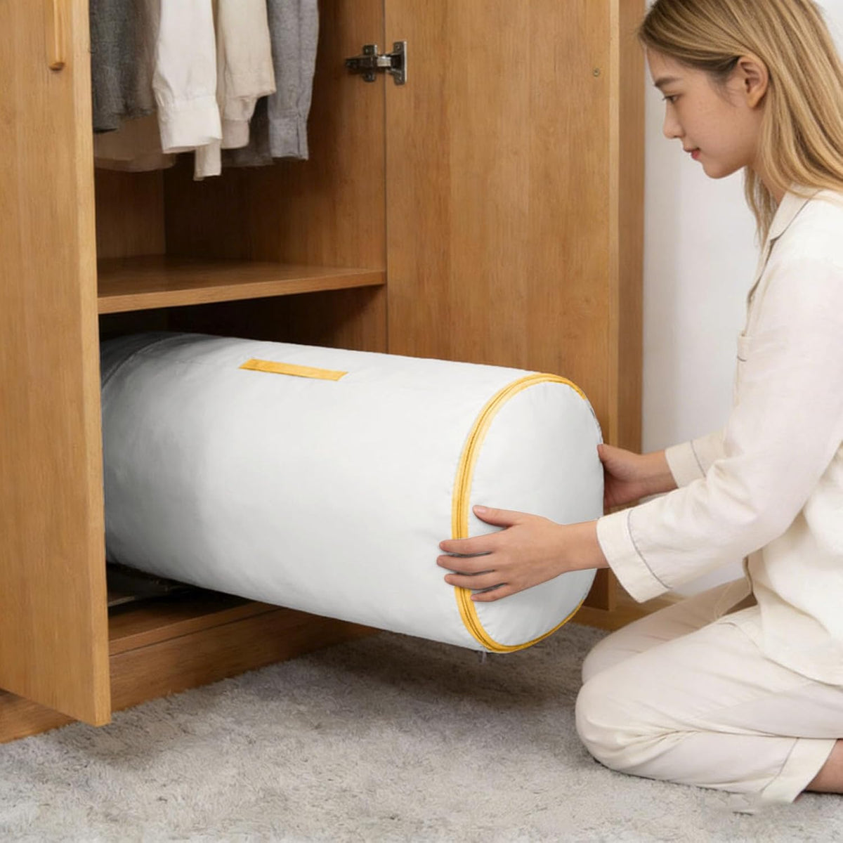 Ultra Space Saving Roll up Self Compression Organizer, Foldable Cylindrical Bag for Bedding Travel Storage Holds Quilt Garments Blankets Blanket Bag,Compact Design (Pink, Small)