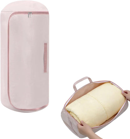 Ultra Space Saving Roll up Self Compression Organizer, Foldable Cylindrical Bag for Bedding Travel Storage Holds Quilt Garments Blankets Blanket Bag,Compact Design (Pink, Small)