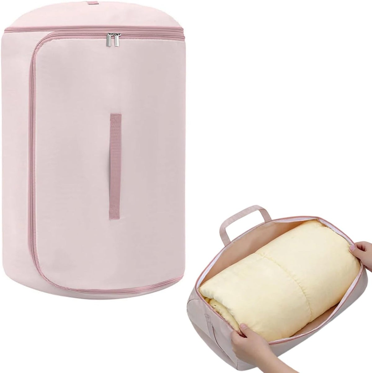 Ultra Space Saving Roll up Self Compression Organizer, Foldable Cylindrical Bag for Bedding Travel Storage Holds Quilt Garments Blankets Blanket Bag,Compact Design (Pink, Small)