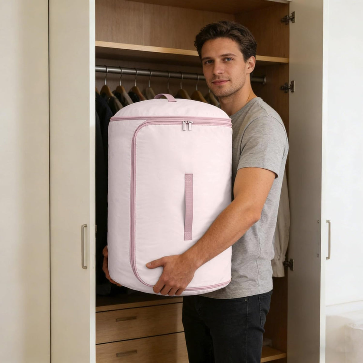 Ultra Space Saving Roll up Self Compression Organizer, Foldable Cylindrical Bag for Bedding Travel Storage Holds Quilt Garments Blankets Blanket Bag,Compact Design (Pink, Small)