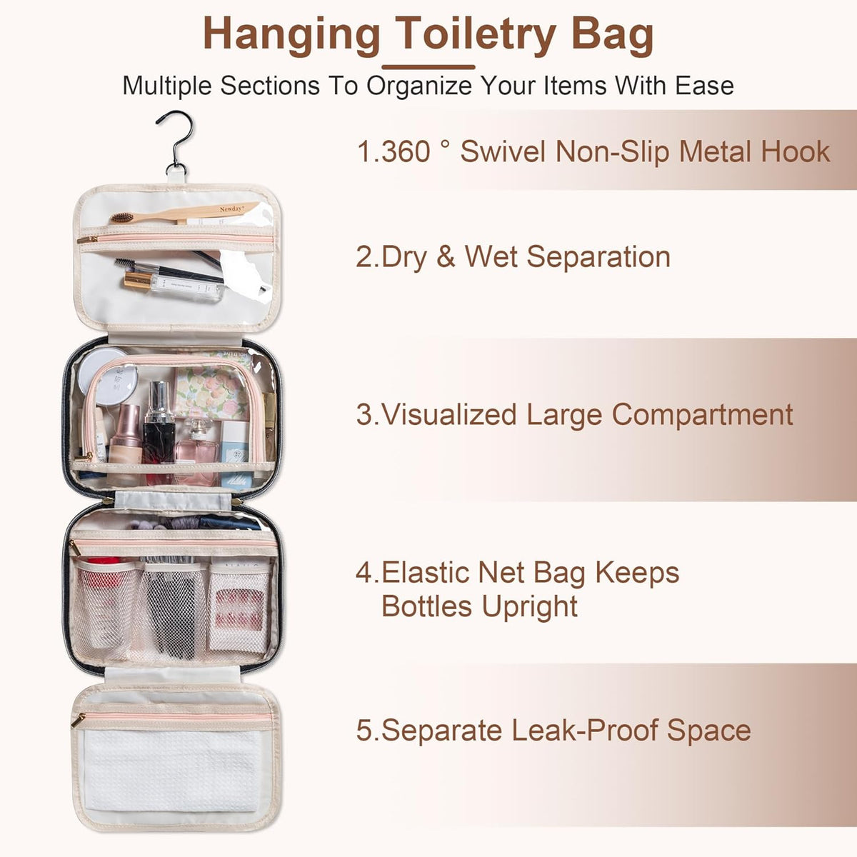 Travel Toiletry Bag - Hanging Toiletry Bag for Women, Waterproof Makeup Cosmetic Bag Travel Organizer for Accessories, Shampoo, Full-size Container, Toiletries (Black)