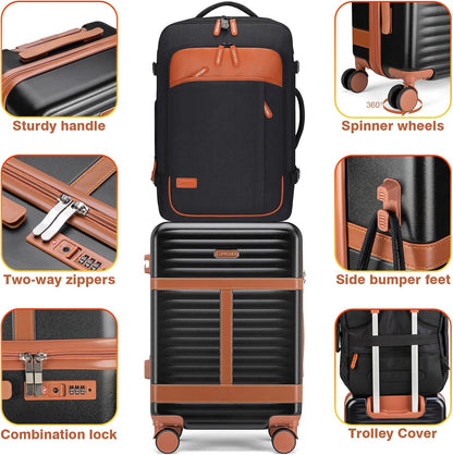 5 Piece Luggage Sets with Travel Backpack, 20" Carry On Hardside Spinner Suitcases, TSA Lock, Durable PC (Black, 5 piece set (20inch))