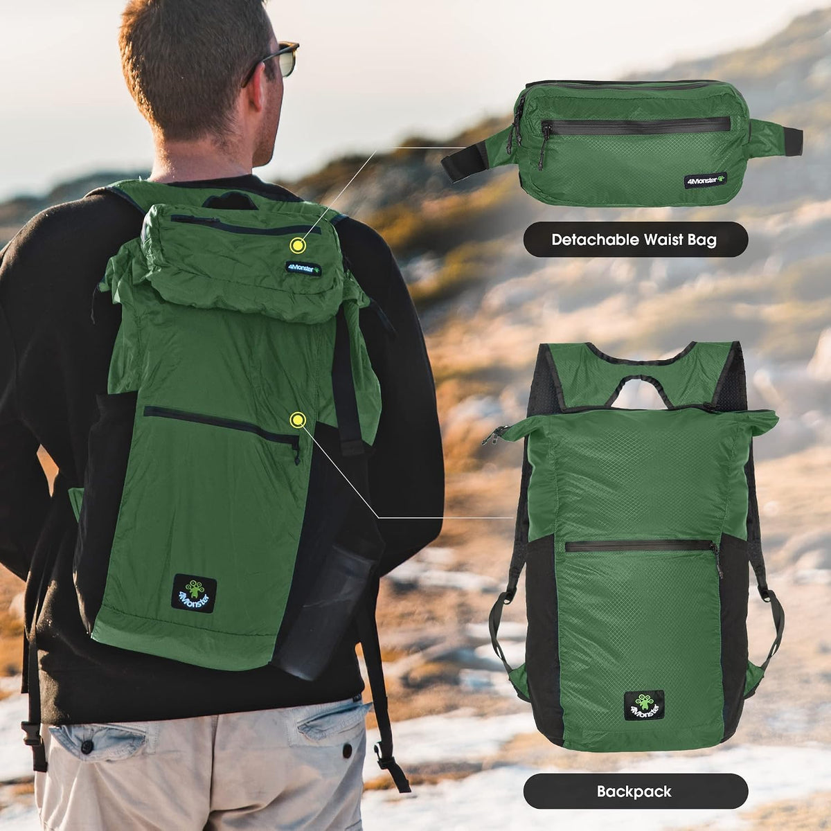 Hiking Daypack,2 in 1 Water Resistant Lightweight Backpack,Portable Fanny Pack Waist Pack for Travel Camping Outdoor (32L, Army Green)