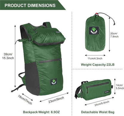 Hiking Daypack,2 in 1 Water Resistant Lightweight Backpack,Portable Fanny Pack Waist Pack for Travel Camping Outdoor (32L, Army Green)