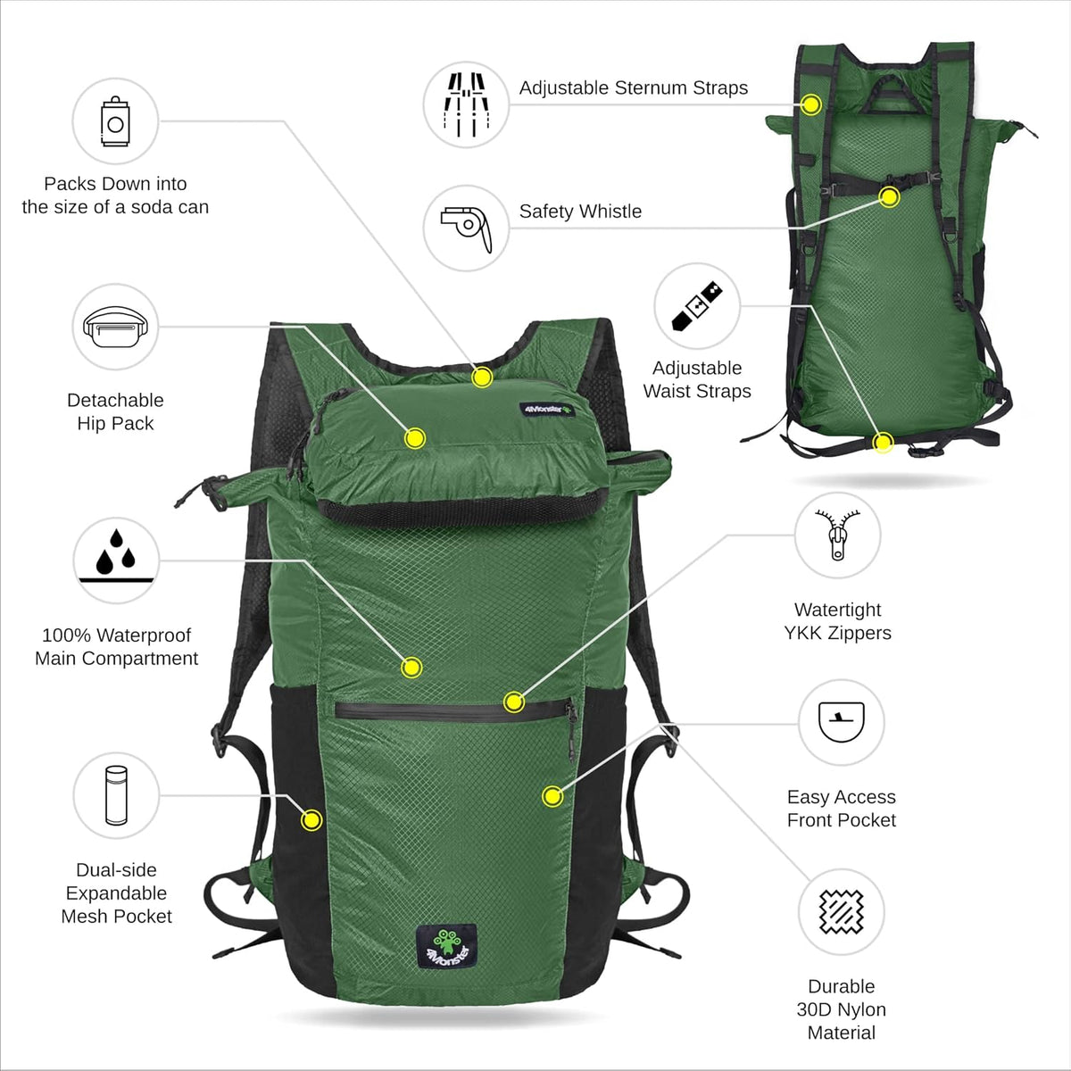 Hiking Daypack,2 in 1 Water Resistant Lightweight Backpack,Portable Fanny Pack Waist Pack for Travel Camping Outdoor (32L, Army Green)
