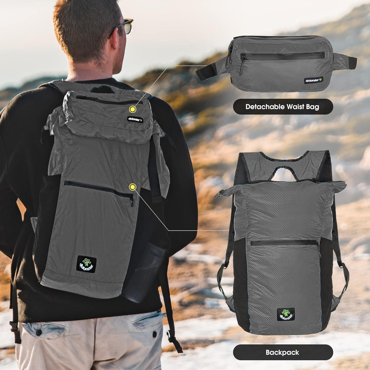 Hiking Daypack,2 in 1 Water Resistant Lightweight Backpack,Portable Fanny Pack Waist Pack for Travel Camping Outdoor (32L, Army Green)