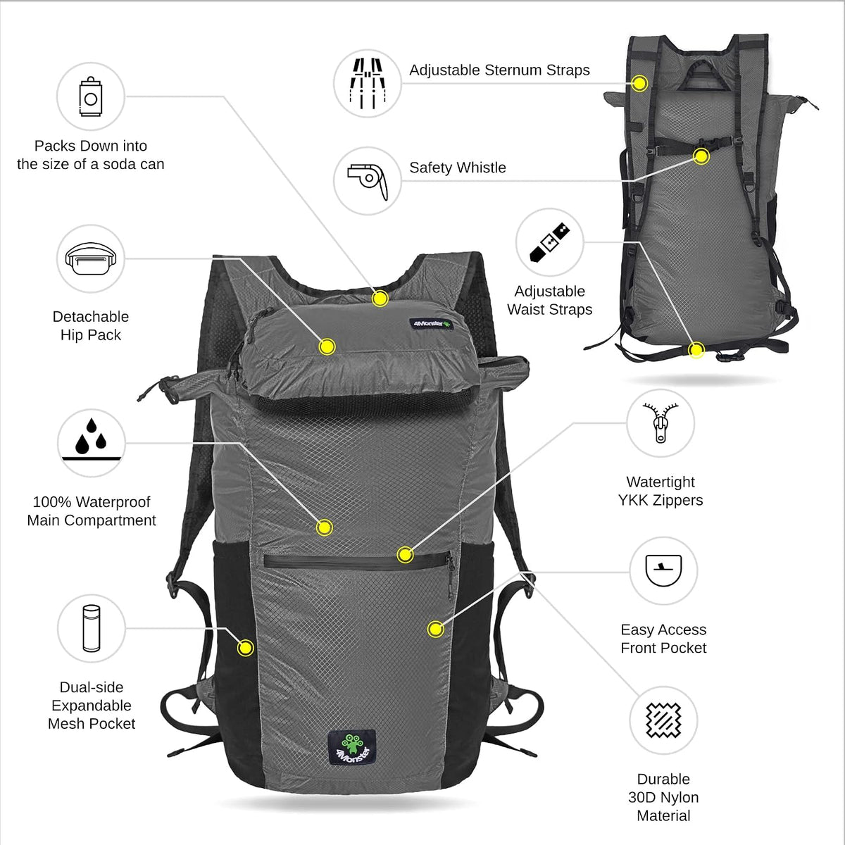 Hiking Daypack,2 in 1 Water Resistant Lightweight Backpack,Portable Fanny Pack Waist Pack for Travel Camping Outdoor (32L, Army Green)