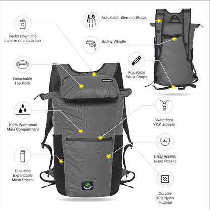 Hiking Daypack,2 in 1 Water Resistant Lightweight Backpack,Portable Fanny Pack Waist Pack for Travel Camping Outdoor (32L, Army Green)