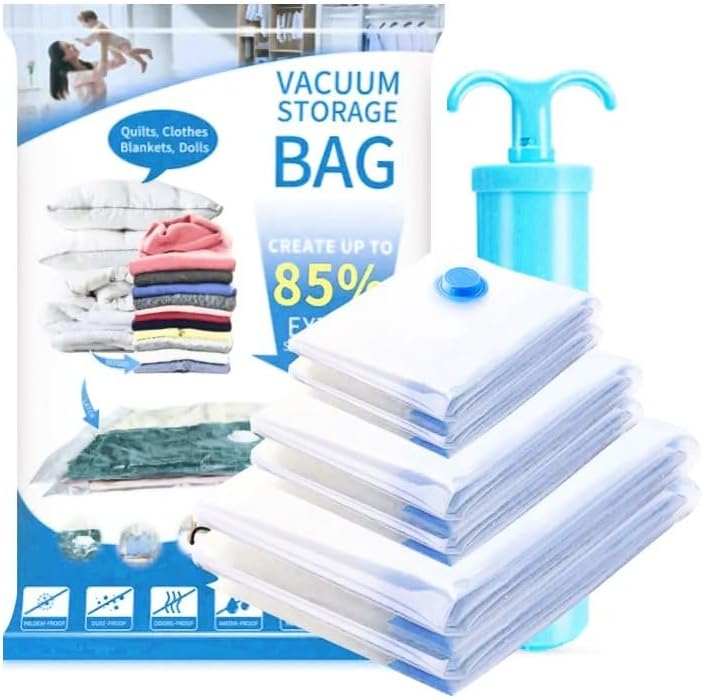 Vacuum Seal Storage Bags with Hand Pump, 6 Large Bags, Space Saver Bags for Clothes and Blankets, 85% More Storage