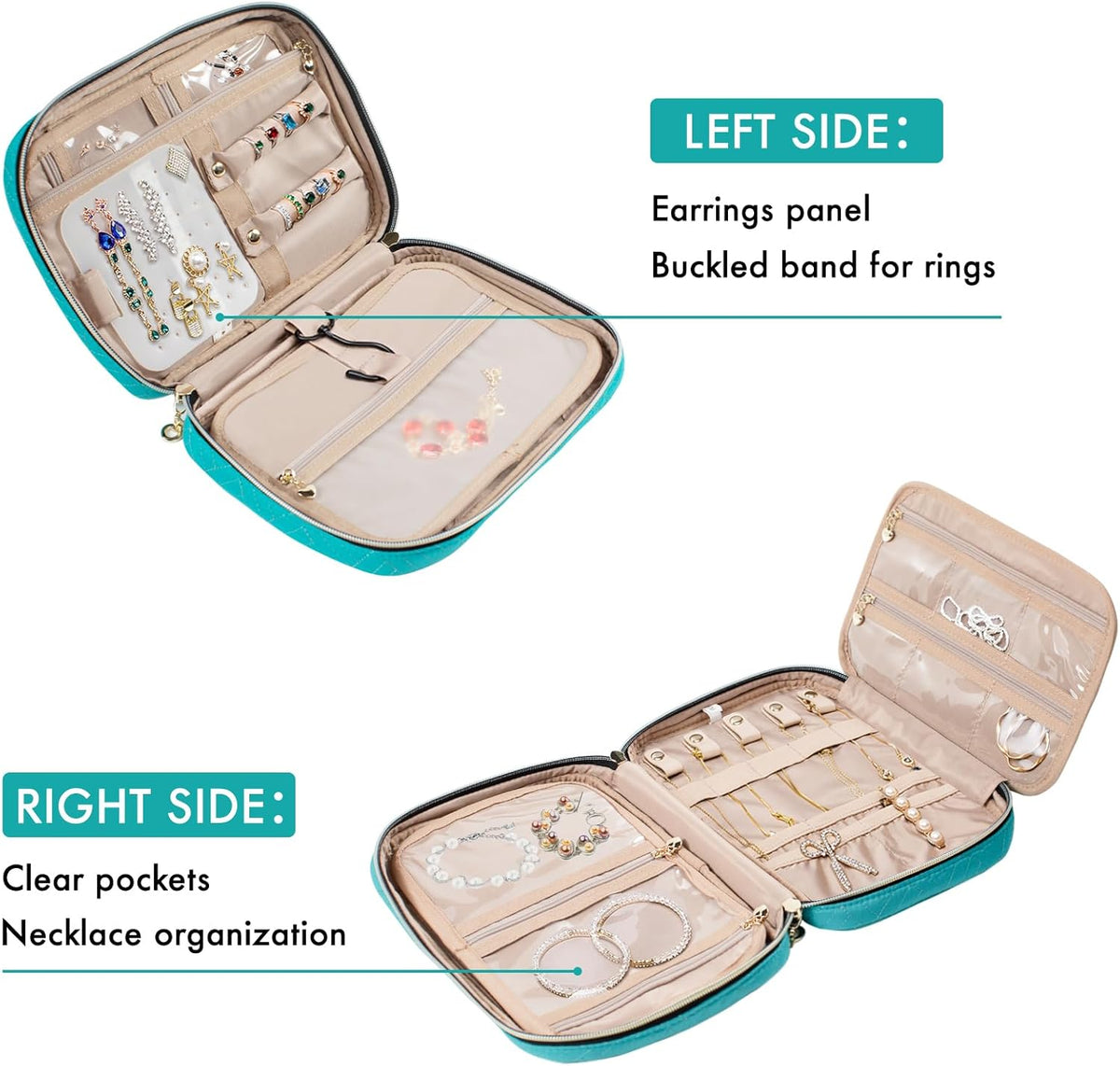 Travel Jewelry Organizer Case, Jewelry Travel Bags for Women, Large Capacity Travel Jewelry Case for Tangle-Free Earrings, Necklaces, Rings Storage, Travel Accessories,Teal