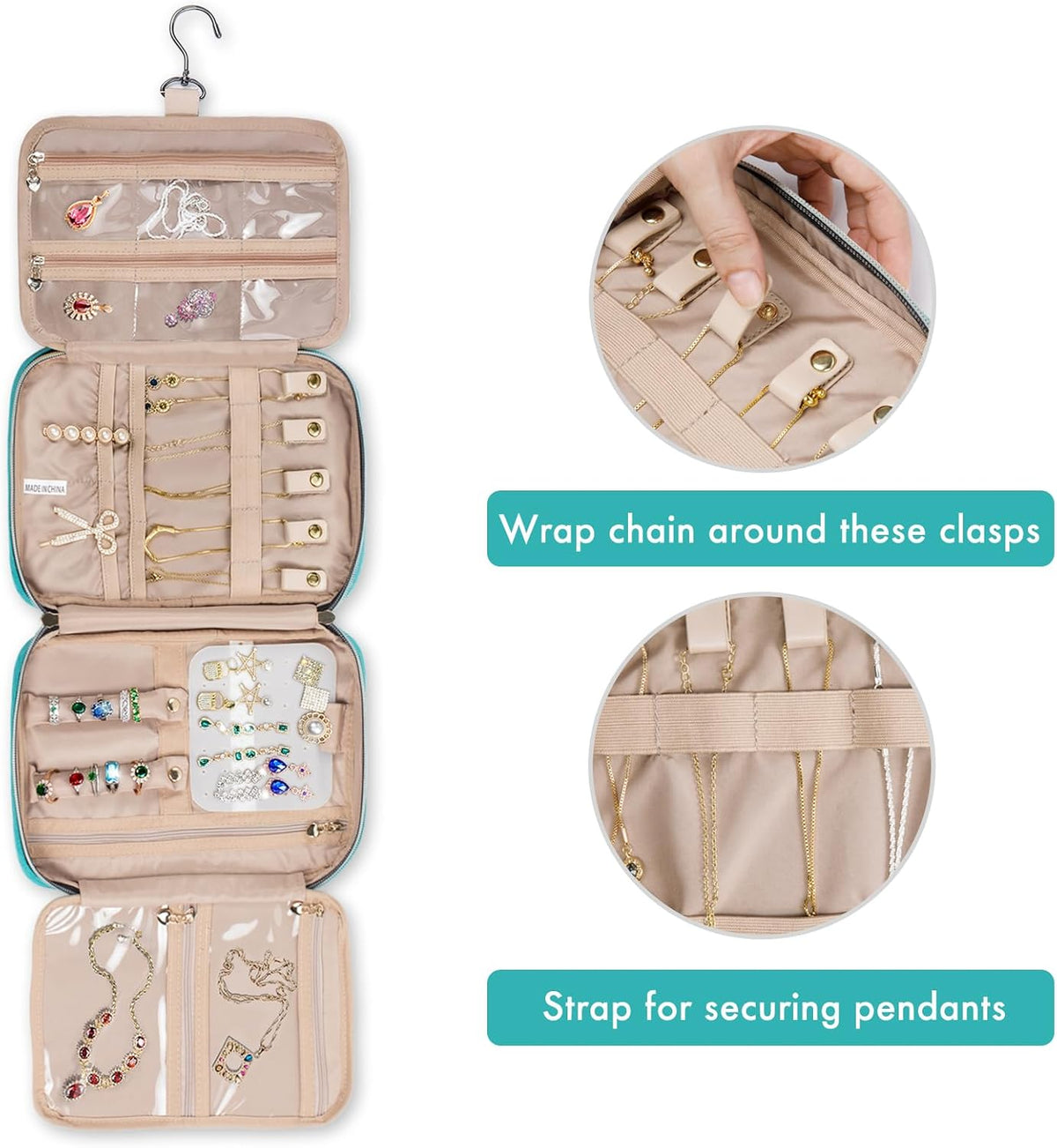 Travel Jewelry Organizer Case, Jewelry Travel Bags for Women, Large Capacity Travel Jewelry Case for Tangle-Free Earrings, Necklaces, Rings Storage, Travel Accessories,Teal