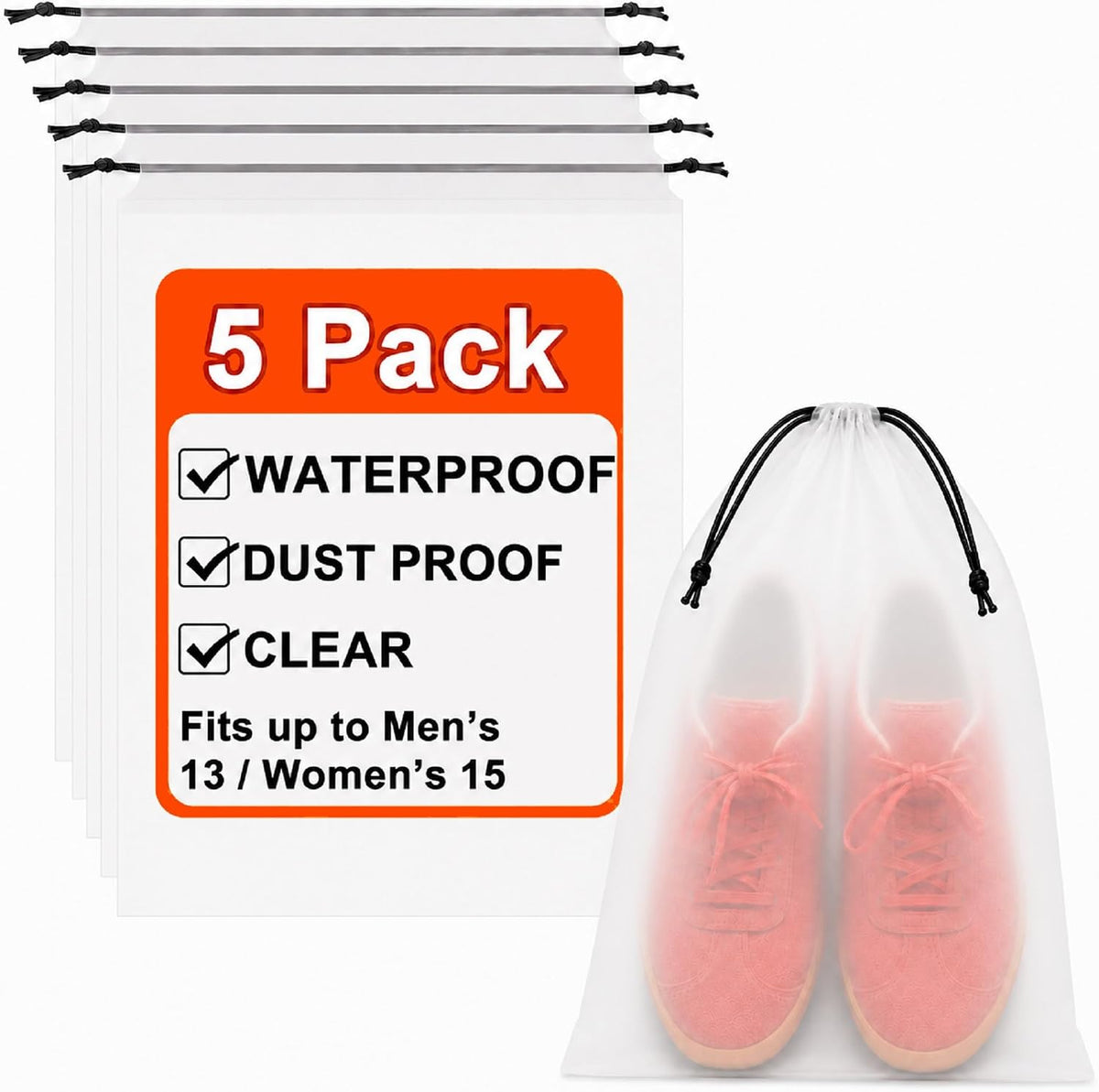 5 Pack Clear Shoe Bags for Travel Essentials, 15.7"×11.8" PEVA Drawstring, Water-Resistant, Fits up to Men’s 12–13, Reusable Storage for Clothes & Toiletries, Keep Luggage Tidy & Odor-Free