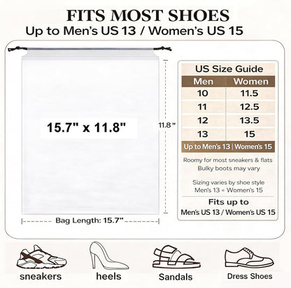 5 Pack Clear Shoe Bags for Travel Essentials, 15.7"×11.8" PEVA Drawstring, Water-Resistant, Fits up to Men’s 12–13, Reusable Storage for Clothes & Toiletries, Keep Luggage Tidy & Odor-Free