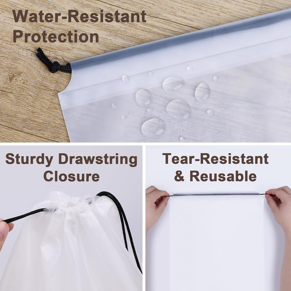 5 Pack Clear Shoe Bags for Travel Essentials, 15.7"×11.8" PEVA Drawstring, Water-Resistant, Fits up to Men’s 12–13, Reusable Storage for Clothes & Toiletries, Keep Luggage Tidy & Odor-Free