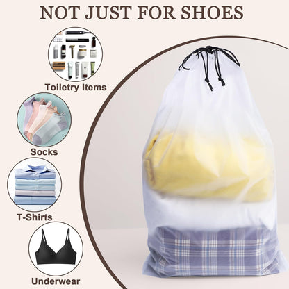 5 Pack Clear Shoe Bags for Travel Essentials, 15.7"×11.8" PEVA Drawstring, Water-Resistant, Fits up to Men’s 12–13, Reusable Storage for Clothes & Toiletries, Keep Luggage Tidy & Odor-Free