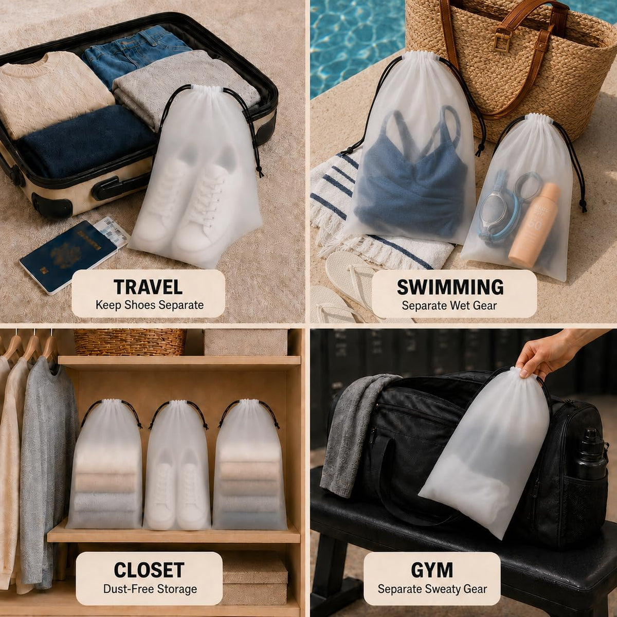 5 Pack Clear Shoe Bags for Travel Essentials, 15.7"×11.8" PEVA Drawstring, Water-Resistant, Fits up to Men’s 12–13, Reusable Storage for Clothes & Toiletries, Keep Luggage Tidy & Odor-Free