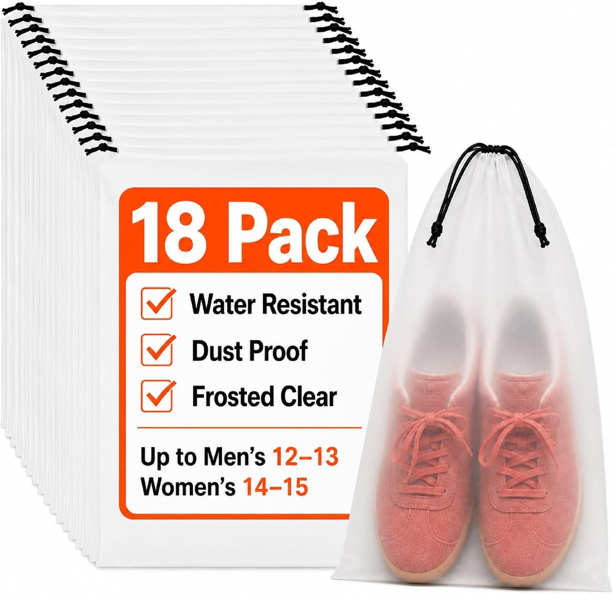5 Pack Clear Shoe Bags for Travel Essentials, 15.7"×11.8" PEVA Drawstring, Water-Resistant, Fits up to Men’s 12–13, Reusable Storage for Clothes & Toiletries, Keep Luggage Tidy & Odor-Free